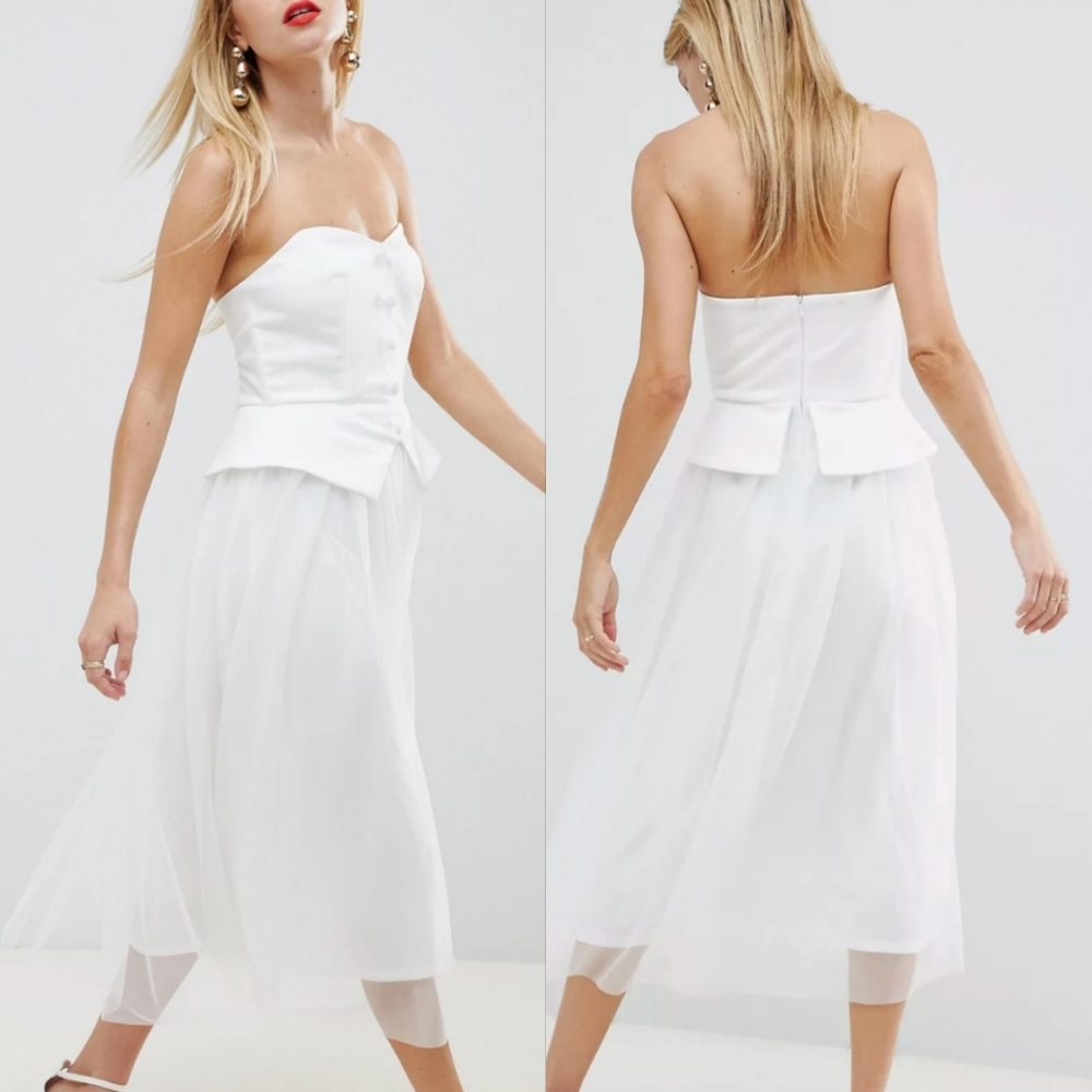 Tux Tulle Midi Dress - Ivory / Offi-White Strapless - Small - ASOS